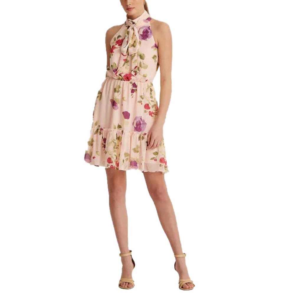 Lauren Ralph Lauren Womens Floral Print Ruffled Chiffon Sleeveless Short Dress - Picture 7 of 8